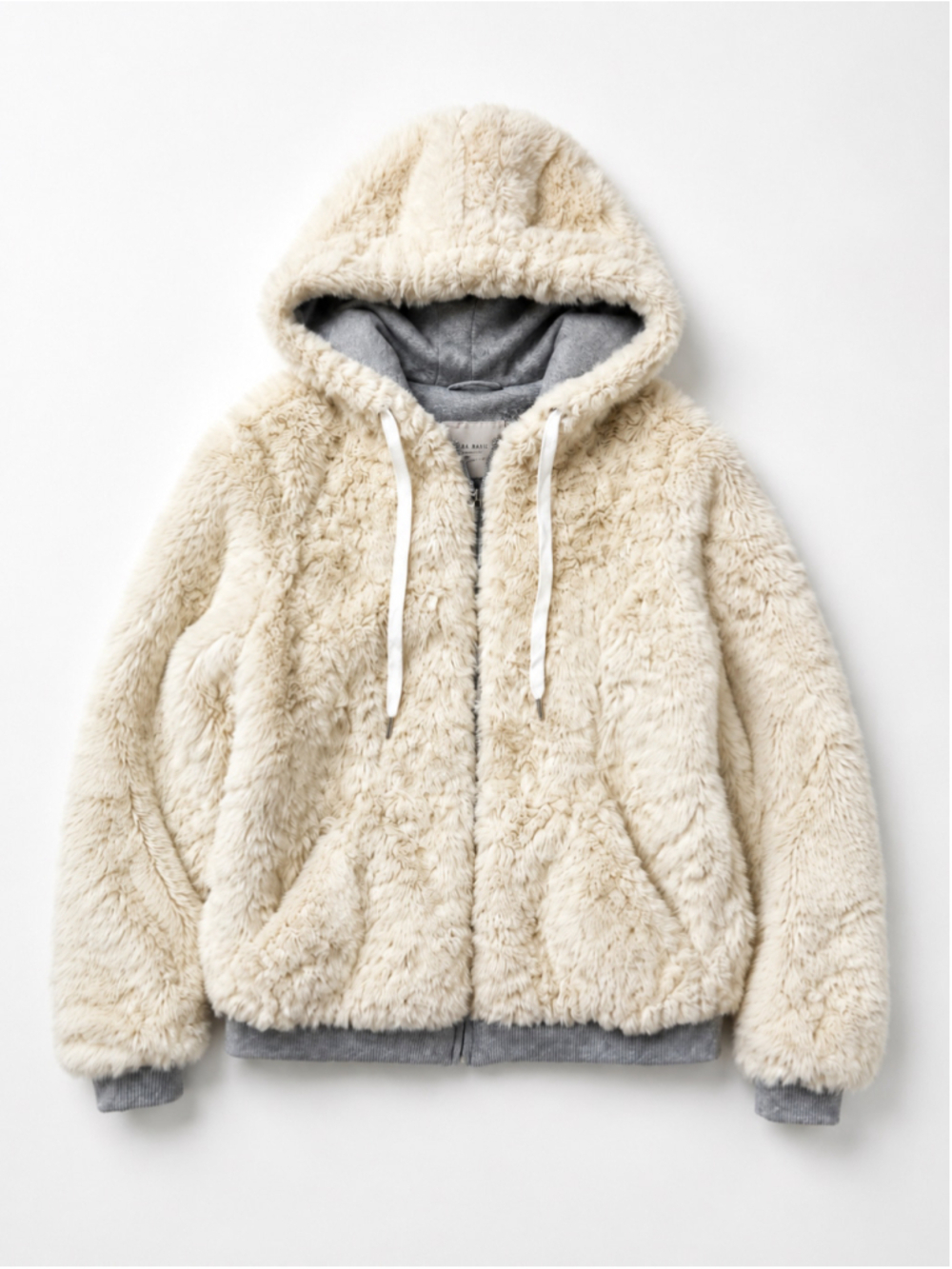 ZARA Faux Fur Cream Jacket, Cozy Teddy Zip-Up, Sz S
